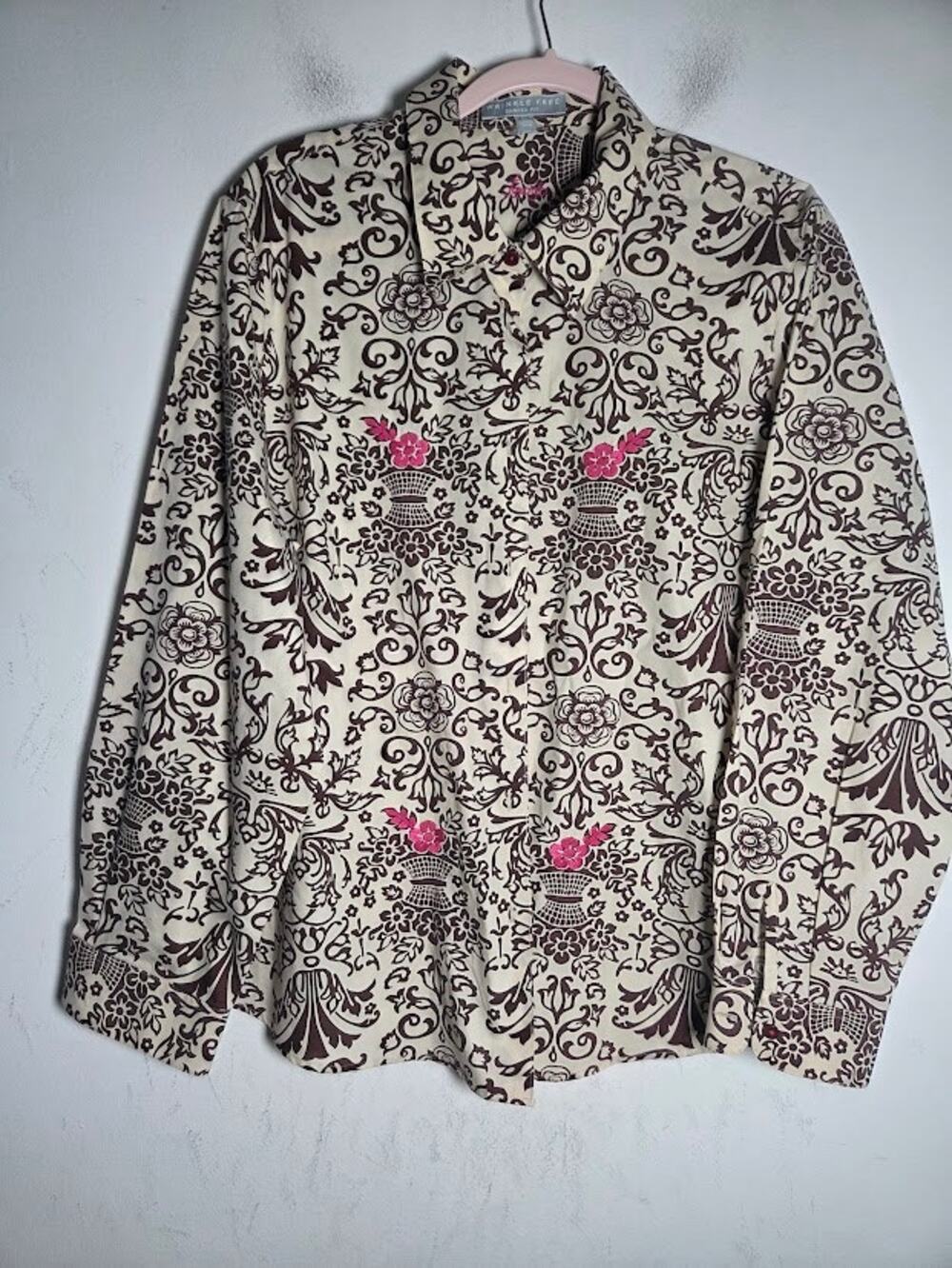 Foxcroft Cream w/Brown Floral Pink Embroidery Wrinkle Free Button Up Blouse 18W